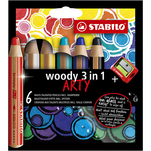 Stabilo Kleurpotloden STABILO 880 woody 3 in 1 Arty inclusief puntenslijper assorti etui à 6 stuks