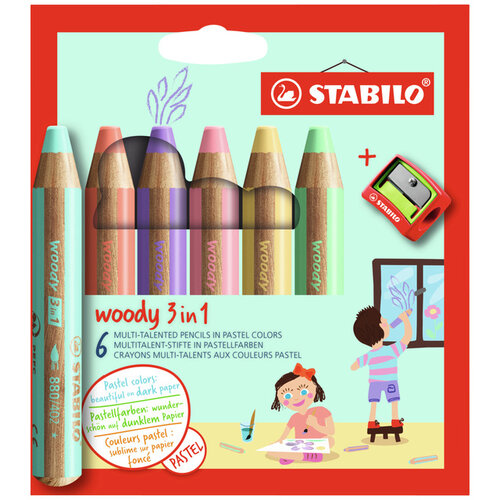 Stabilo Kleurpotloden STABILO 880 woody inclusief puntenslijper pastel assorti etui à 6 stuks
