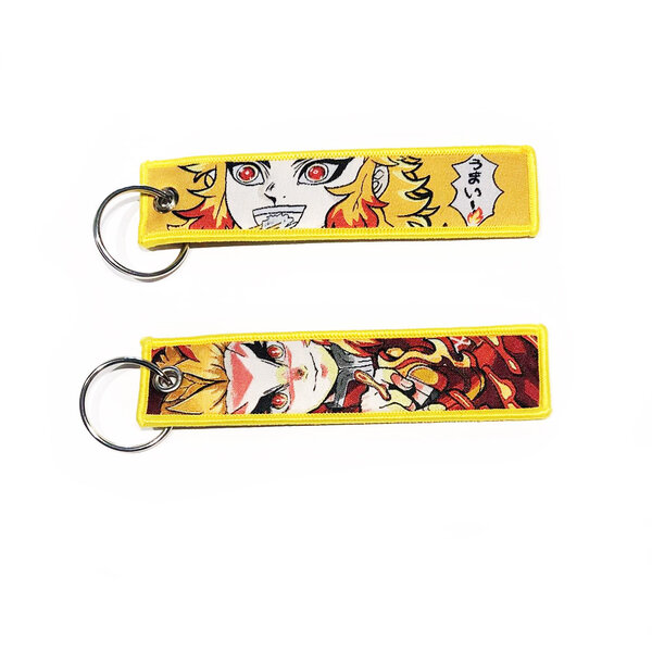 ONH KEY Demon Slayer geborduurde Keytag - Rengoku Fire Flame Geel Anime dubbelzijdige sleutelhanger