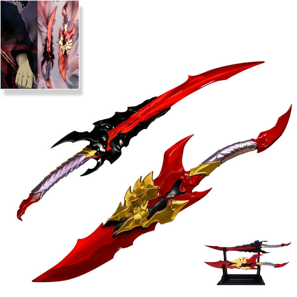 SOLO LEVELING - Dubbele Dolken van Kamish’s Wrath - Metaal 61 cm - Sung Jinwoo - Set van 2 - Met Dubbele Houten Displayhouder