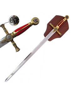  (PRE-ORDER) FREEMASON – Red Masonic Tyler Sword – Ceremonial with Wooden Display Plaque | Square and Compass (±115 cm) (Available from approx. 28 November 2026)