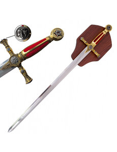  (PRE-ORDER) VRIJMETSELAAR – Rood Maçonniek Tyler Zwaard – Ceremonieel met Houten Wandhouder | Passer en Winkelhaak (±115 cm) (Beschikbaar vanaf +/- 28 november 2026)