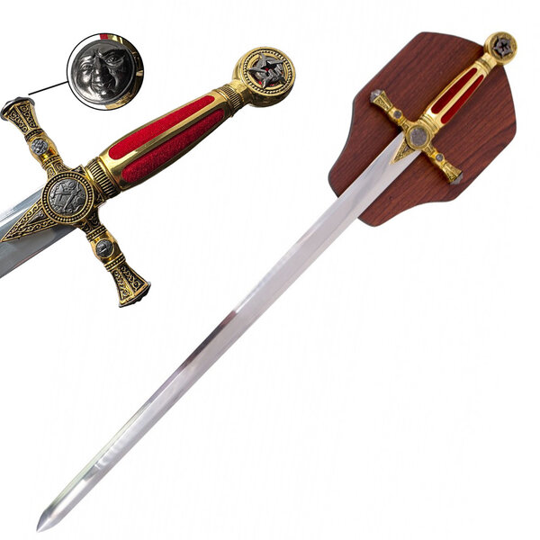 (VORBESTELLUNG) FREIMAURER – Rotes Maurerisches Tyler Schwert – Zeremoniell mit Holz-Wandhalterung | Zirkel und Winkel (±115 cm) (Verfügbar ab ca. 28. November 2026)