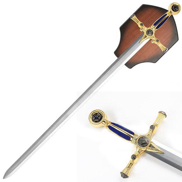 (VORBESTELLUNG) FREIMAURER – Blaues Maurerisches Tyler Schwert – Zeremoniell mit Holz-Wandhalterung | Zirkel und Winkel (±115 cm) (Verfügbar ab ca. 28. November 2026)