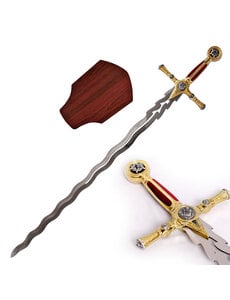  (PRE-ORDER) VRIJMETSELAAR – Vlammend Maçonniek Tyler Zwaard (Flamberge) – Ceremonieel met Houten Wandhouder | Passer en Winkelhaak (±101 cm) (Beschikbaar vanaf +/- 28 november 2026