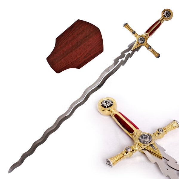 (PRE-ORDER) FREEMASON – Flame-Bladed Masonic Tyler Sword (Flamberge) – Ceremonial with Wooden Display Plaque | Square and Compasses (±101 cm) (Available from approx. 28 November 2026)