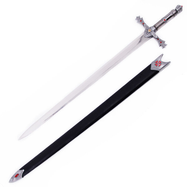 (PRÉCOMMANDE) TEMPLIERE –Épée Roi Arthur avec Couronne et Gemmes Rouges – Épée Chevalier Décorative avec Fourreau en Cuir (Disponible à partir de mi-décembre 2026)