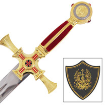 (VORBESTELLUNG) TEMPLER - Phönix Schwert Gold und Rot mit Rotem Kreuz – Templer Ritterschwert mit Holz-Wandhalterung (Verfügbar ab Mitte Dezember 2026)