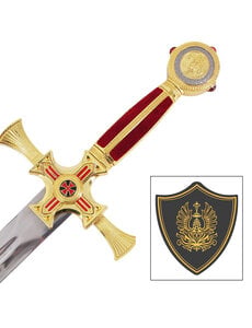  (PRE-ORDER) TEMPLAR - Phoenix Sword Gold and Red with Red Cross – Templar Knight Sword with Wooden Wall Mount (Available from mid-December 2026)