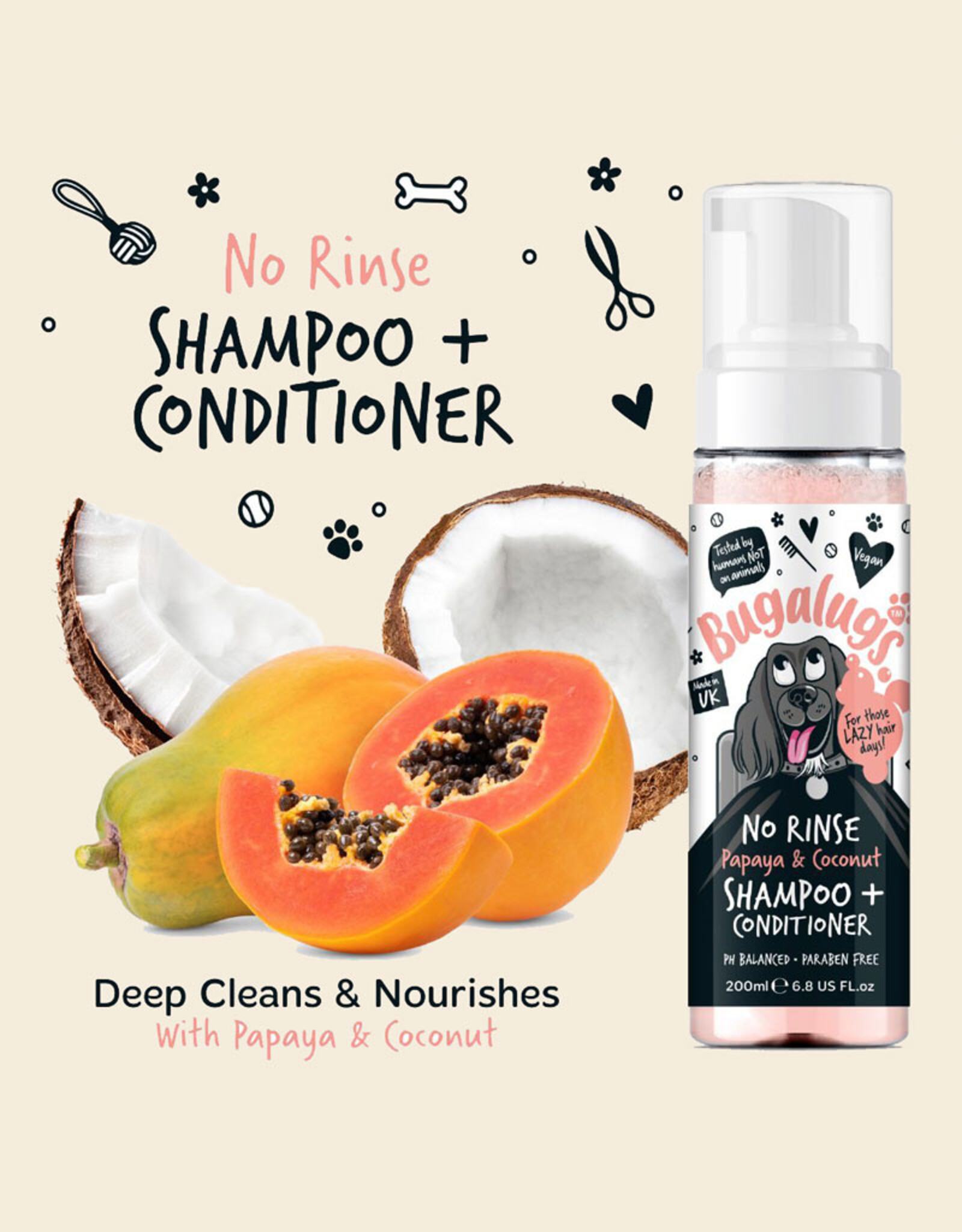 Bugalugs Bugalugs | 2 -in-1 No Rinse Dog Shampoo & Conditioner | Papaya & Coconut