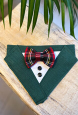 Dog Tuxedo | Green with tartan bow tie | Slip-on Bandana