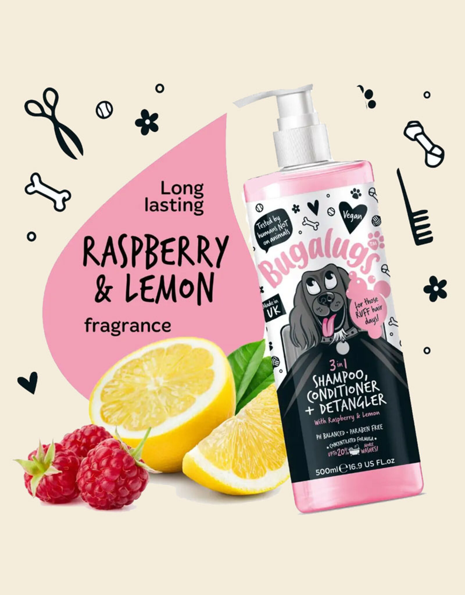 Bugalugs Bugalugs | 3 -in-1 Shampoo, Conditioner & Detangler | Raspberry & Lemon