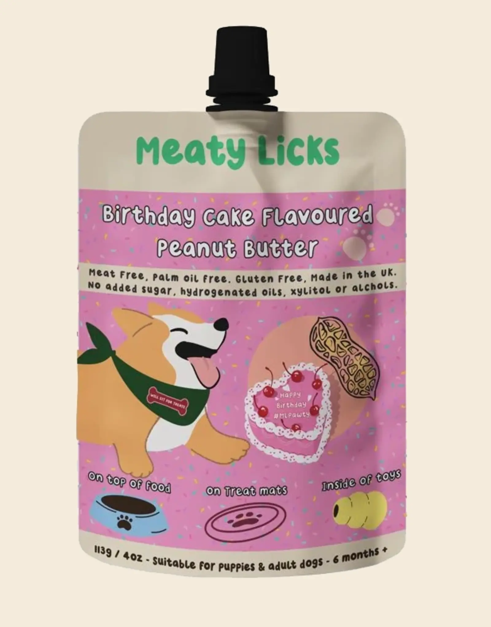Meaty Licks Birthday Cake | Peanut Butter Pouch for Dogs | Meaty Licks