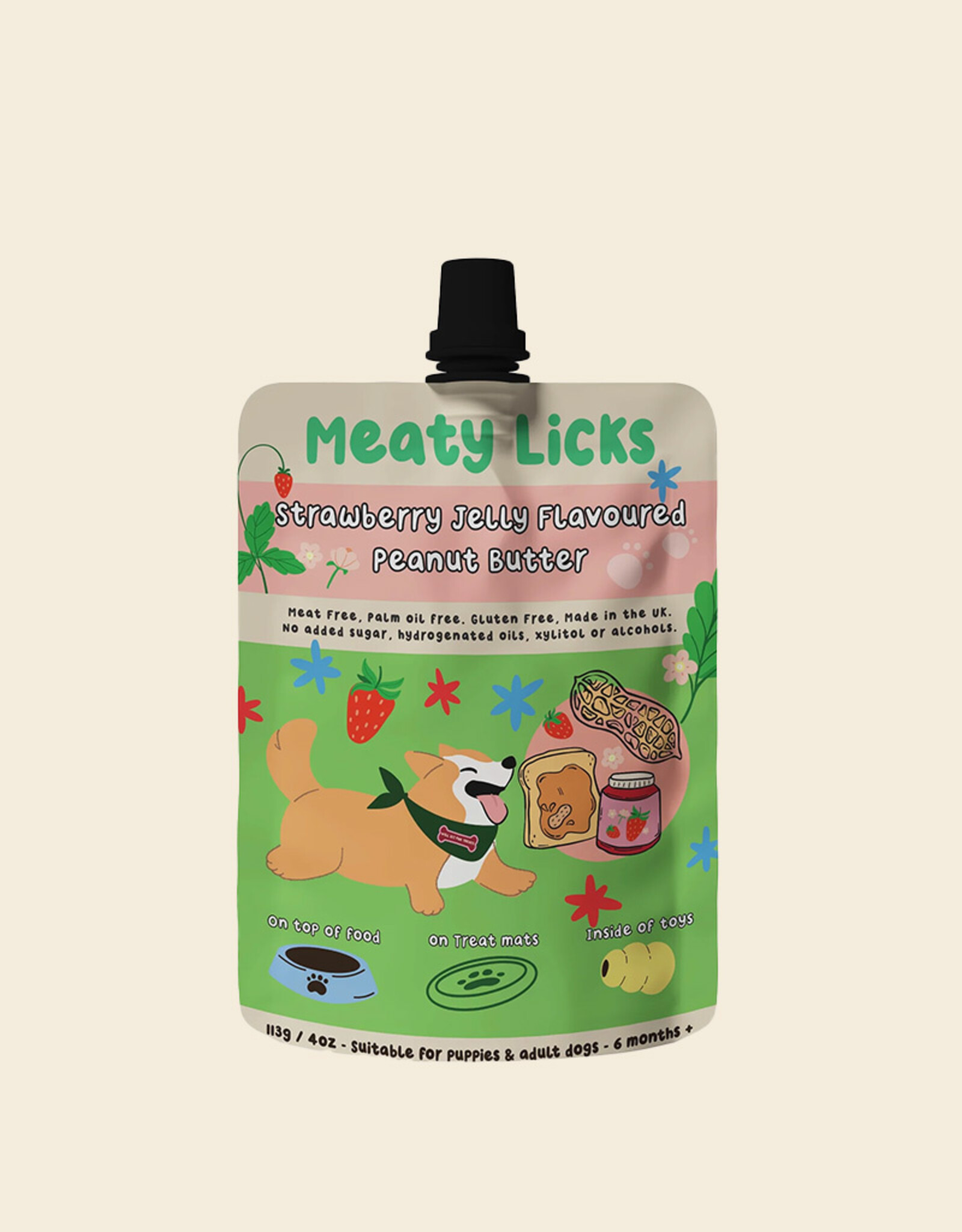 Meaty Licks Peanut Butter Strawberry Jelly | Pindakaas Pouch voor Honden | Meaty Licks
