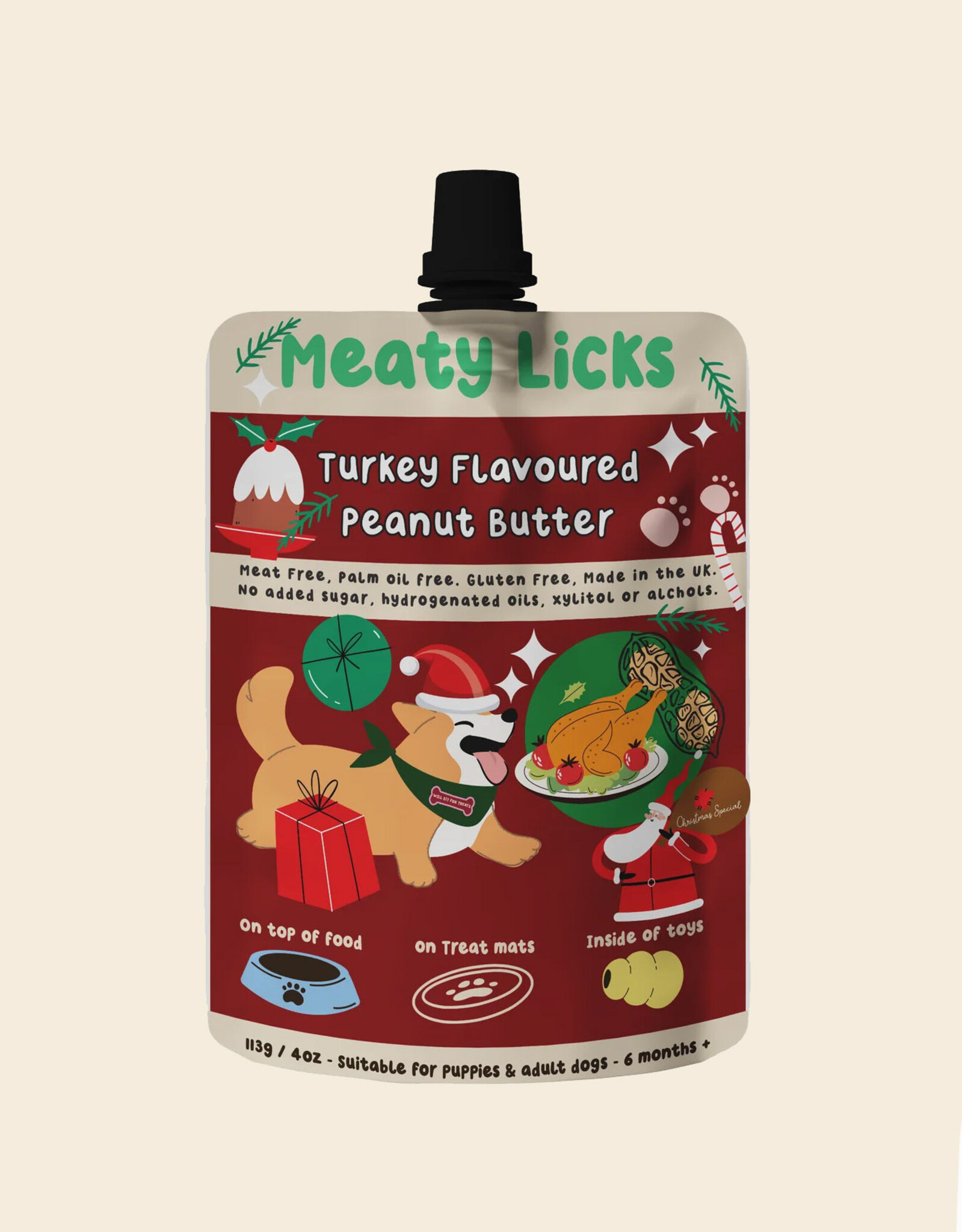Meaty Licks Christmas Peanut Butter Pouch for Dogs  | Roast Turkey