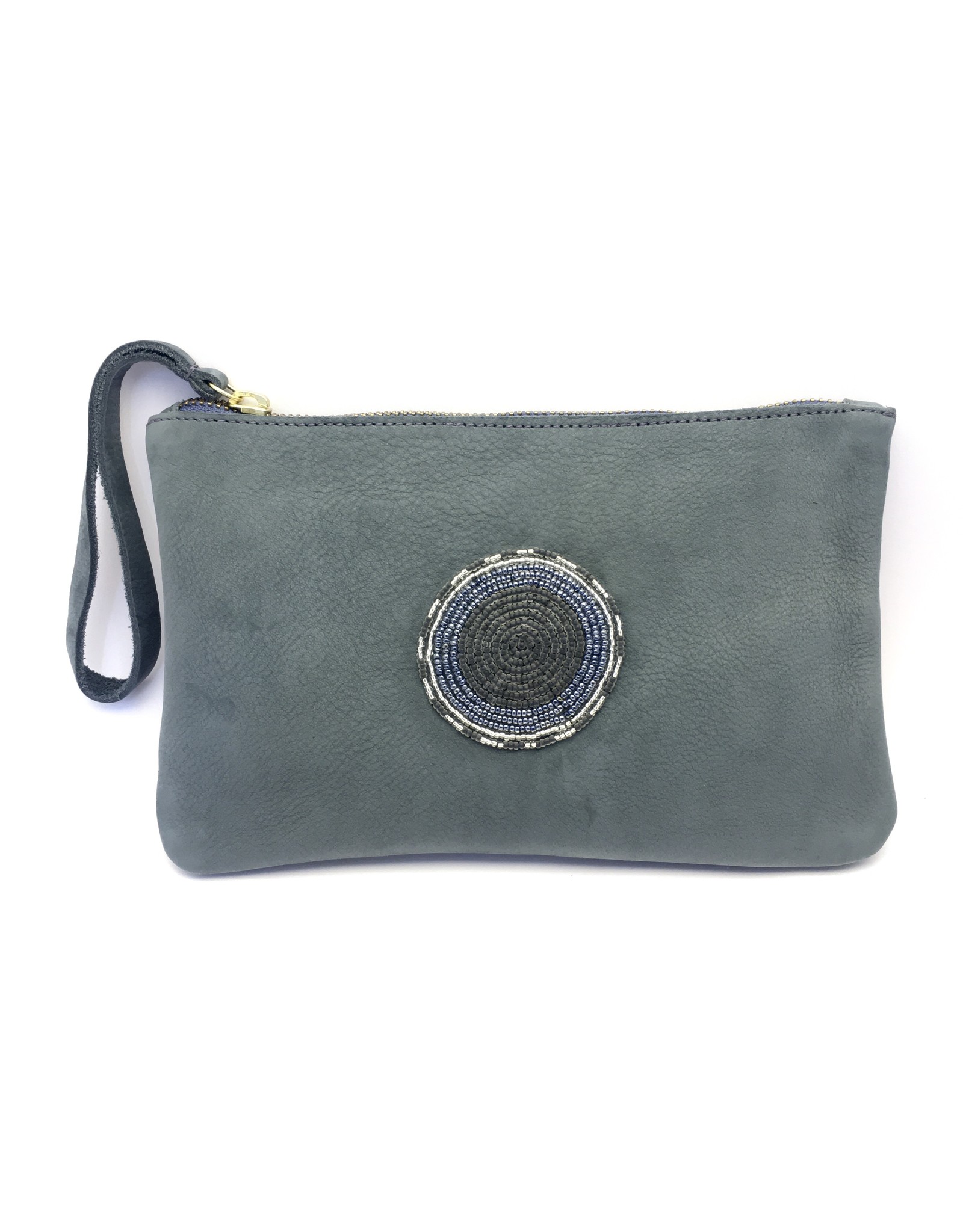 Maisha.Style Laikia purse - mouse grey suede purse with disc of tone on tone beads
