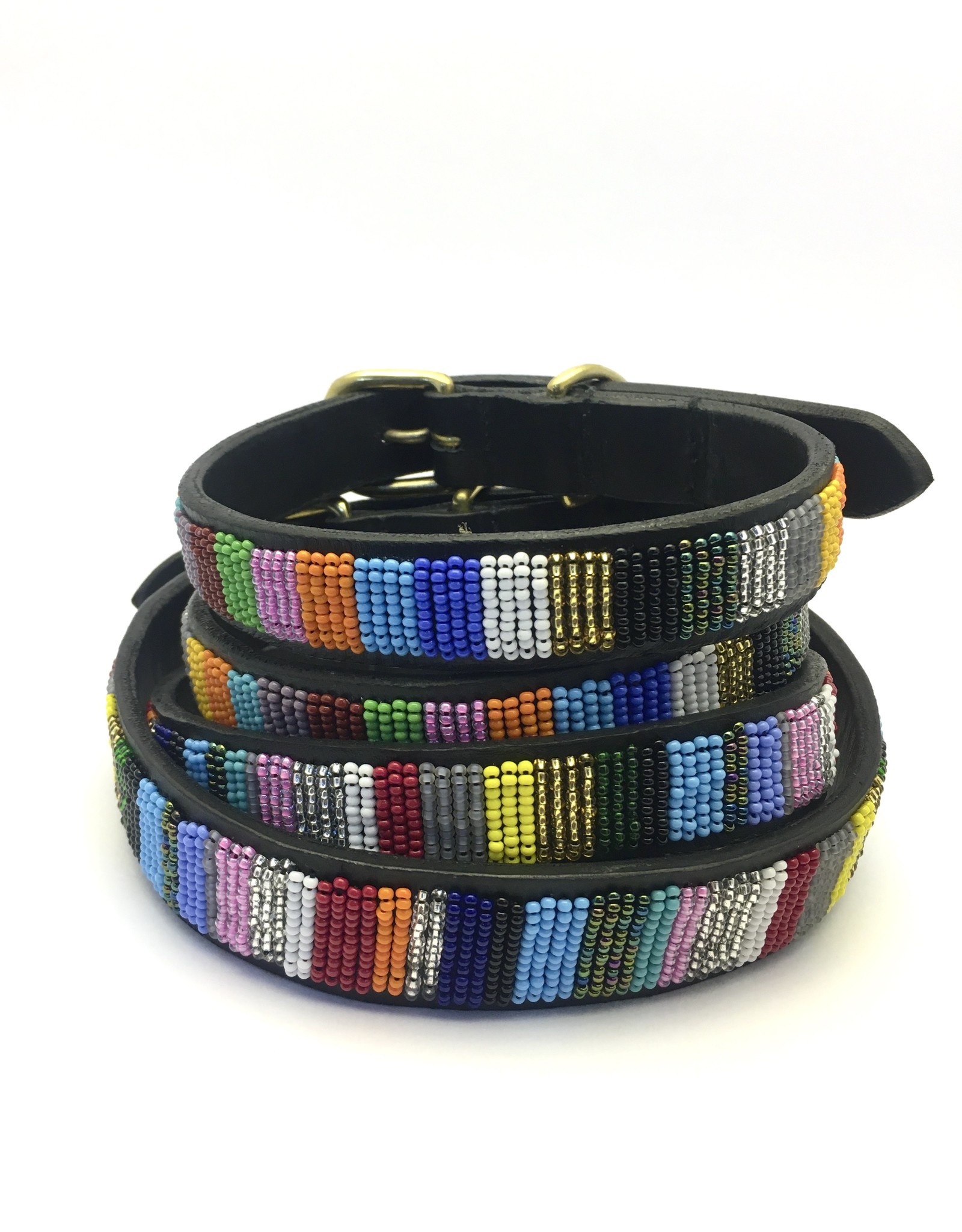 Maisha.Style Dog collar Joy - black leather Maasai collar with colourful beaded stripes