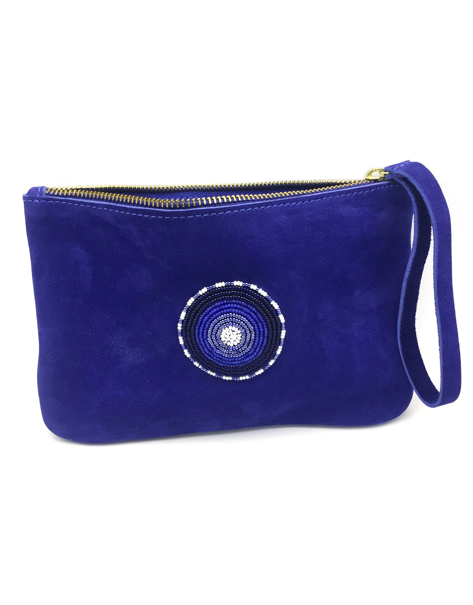 Maisha.Style Laikia purse - cobalt blue suede purse with disc of tone on tone beads