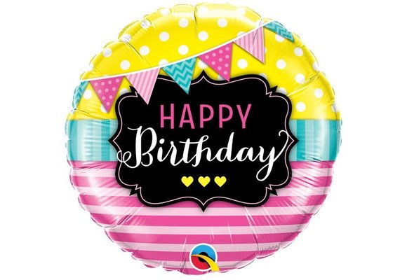 Birthday - Pennants & Pink Stripes - 18 inch - Qualatex