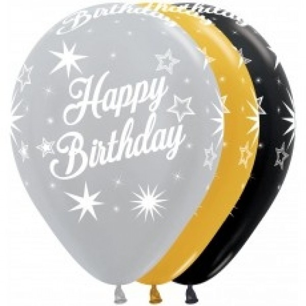 Sempertex 12 inch  - Happy Birthday - Gold/Silver/Black