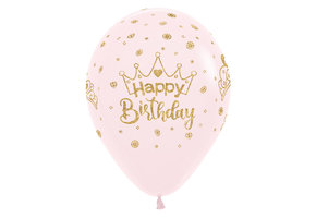 Sempertex 12 inch  - Happy  Bday - Crowns - Glitter Ink - Matte Pink