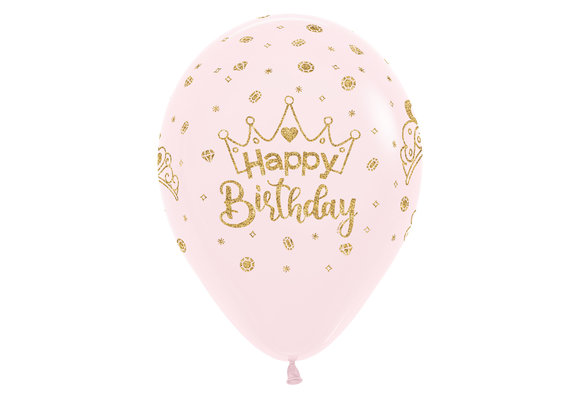 Sempertex 12 inch  - Happy  Bday - Crowns - Glitter Ink - Matte Pink