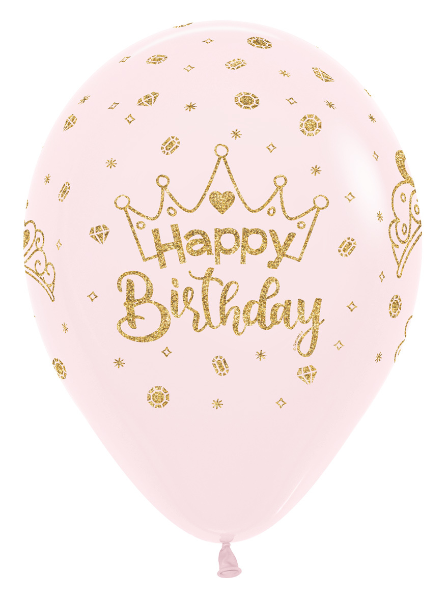 Sempertex 12 inch  - Happy  Bday - Crowns - Glitter Ink - Matte Pink