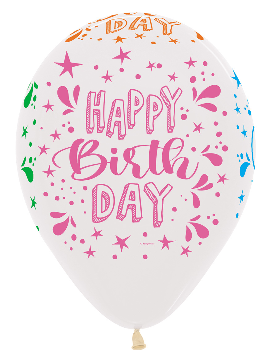 SALE > Sempertex 12 inch  - Happy Birthday - Neon Splash - Clear 390