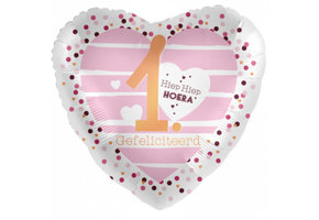 Hiep Hiep Hoera 1 jaar - Roze - 18"/45cm - 2 stuks ***