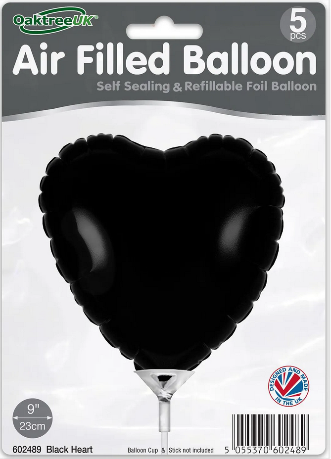 Heart - Black - 9inch - package 5 count - with valve