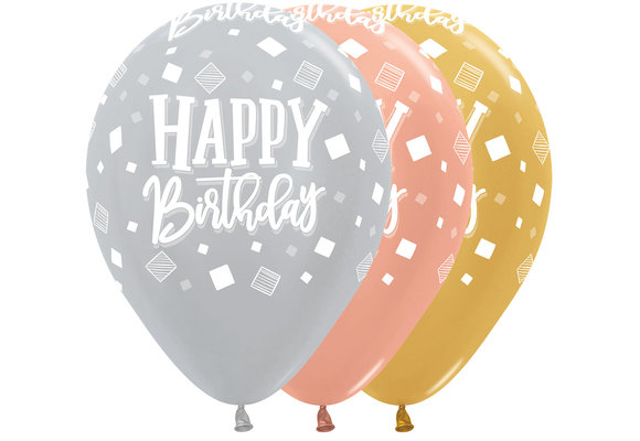 Sempertex 12 inch  - Happy Birthday - Squares - Metallic Assortment - 25pcs