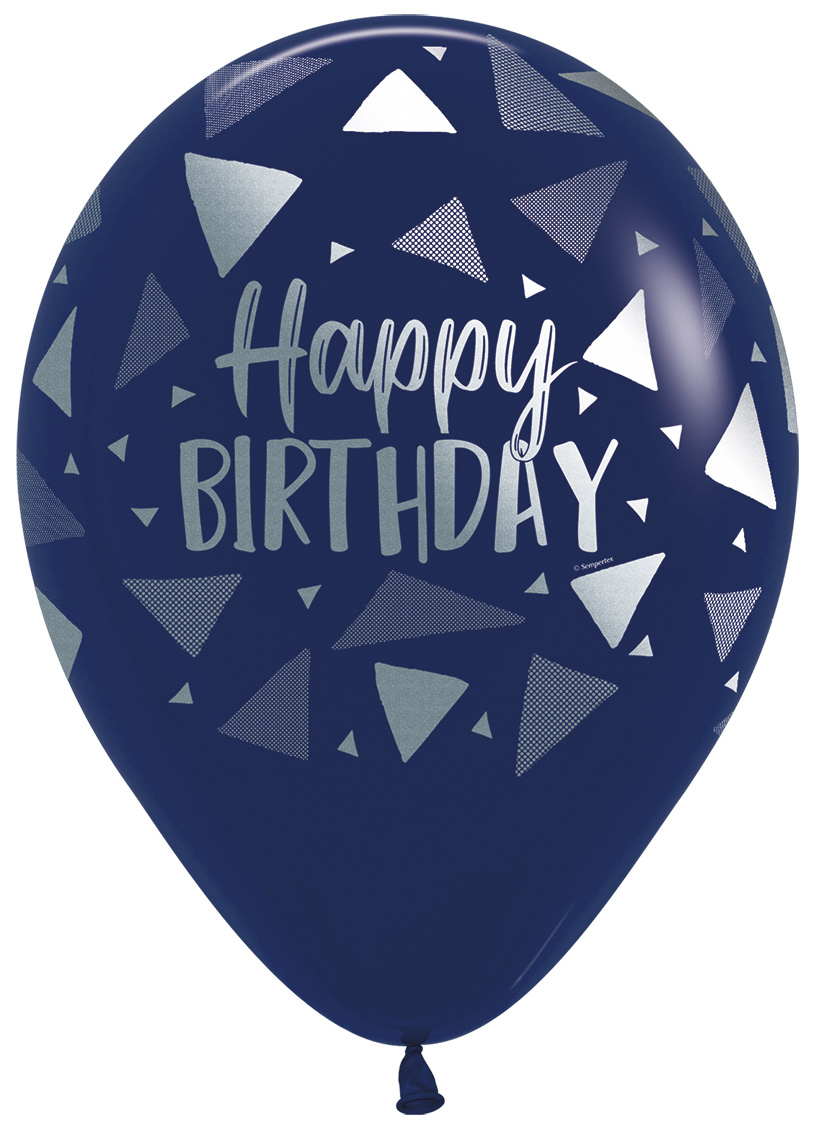 SALE > Sempertex 12 inch  - Happy Birthday - Triangles - Navy Blue 044 - Silver Ink-pieces