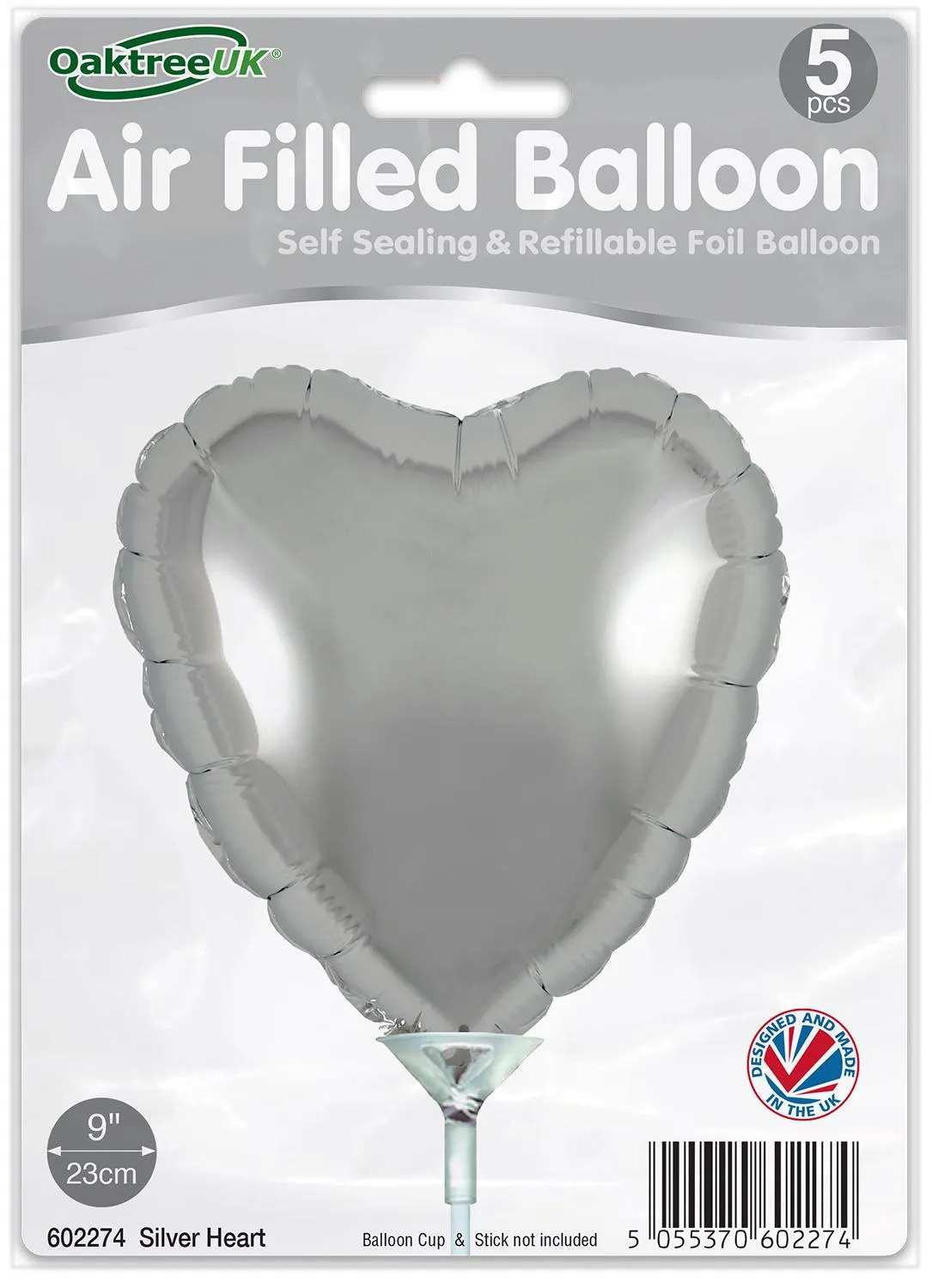 Heart - Silver - 9inch - package 5 count - with valve