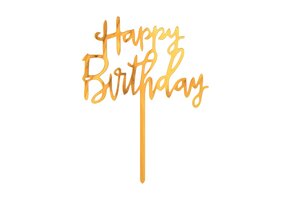 Taart Topper - Happy B-Day Script - Goud - 14 x 10cm