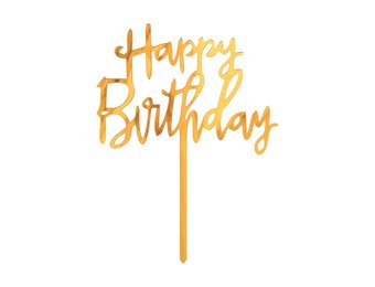 Taart Topper - Happy B-Day Script - Goud - 14 x 10cm