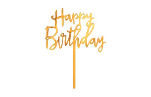 Taart Topper - Happy B-Day Script - Goud - 14 x 10cm