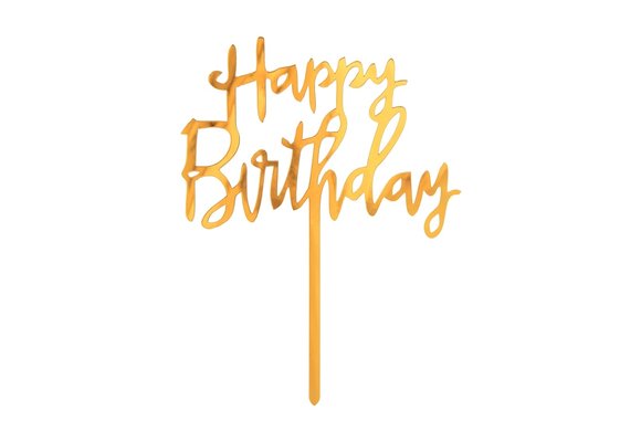 Taart Topper - Happy B-Day Script - Goud - 14 x 10cm