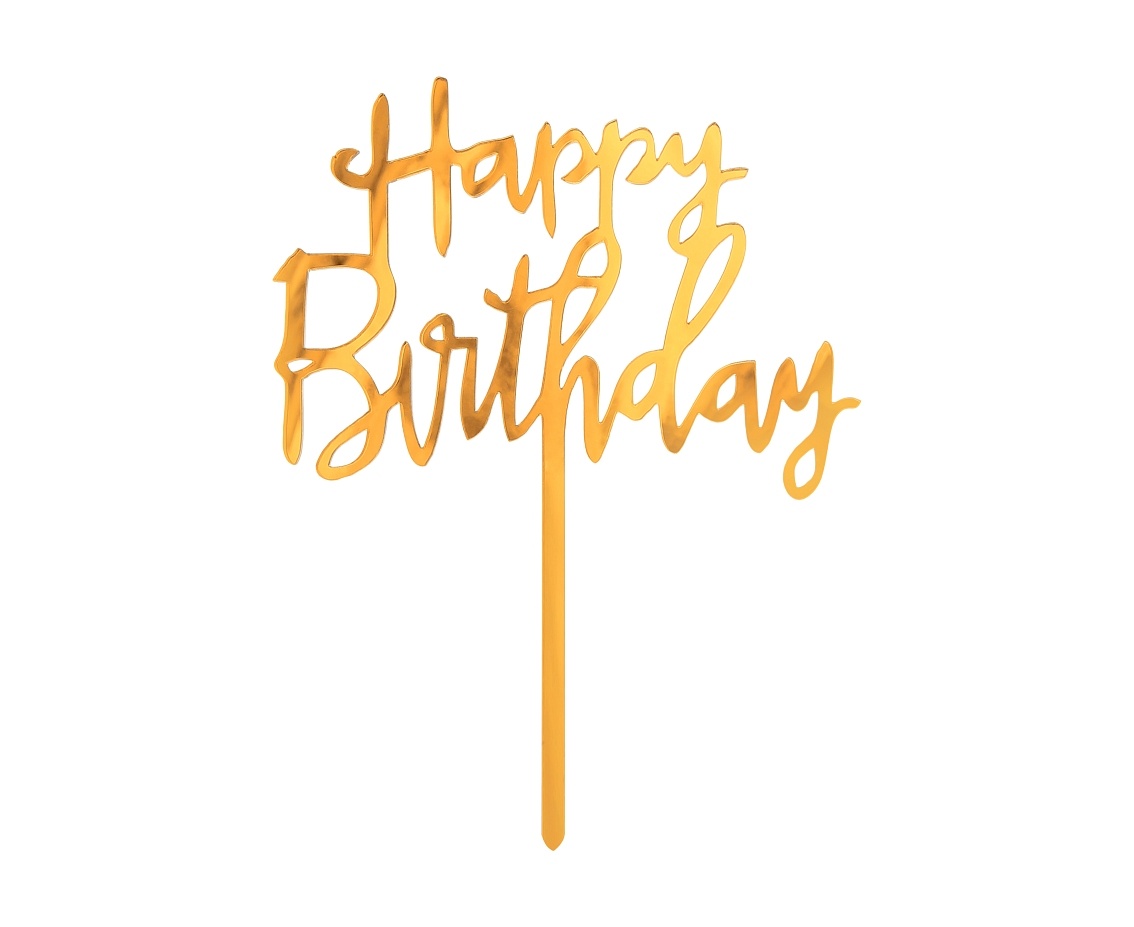Taart Topper - Happy B-Day Script - Goud - 14 x 10cm