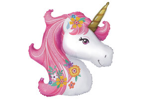 Unicorn - Head Pink Glitter Flowers - Anagram - 74 x 76 cm