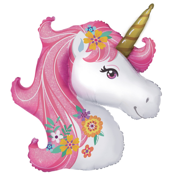 Unicorn - Head Pink Glitter Flowers - Anagram - 74 x 76 cm