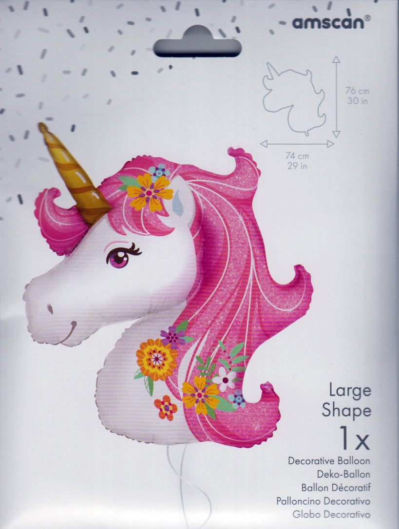 Unicorn - Head Pink Glitter Flowers - Anagram - 74 x 76 cm
