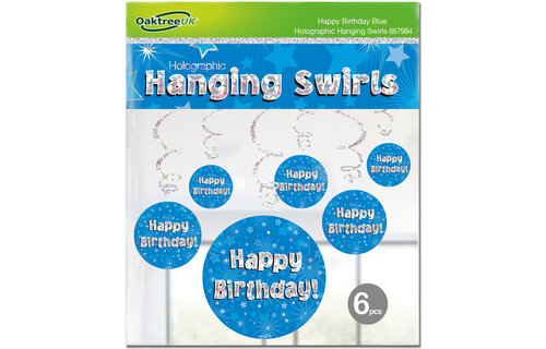 Hanging Swirls - Happy Birthday Holographic Blue - 6 stuks