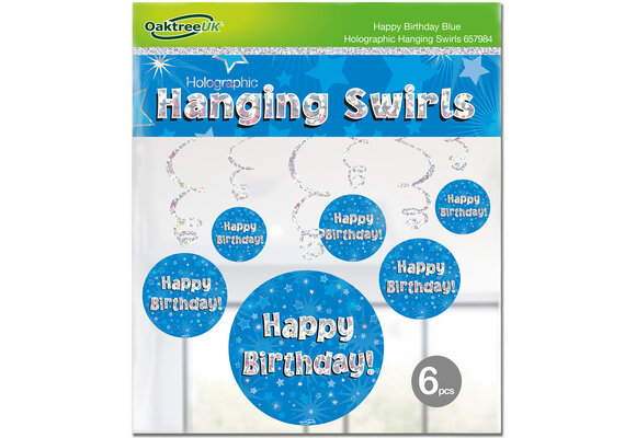 Hanging Swirls - Happy Birthday Holographic Blue - 6 stuks