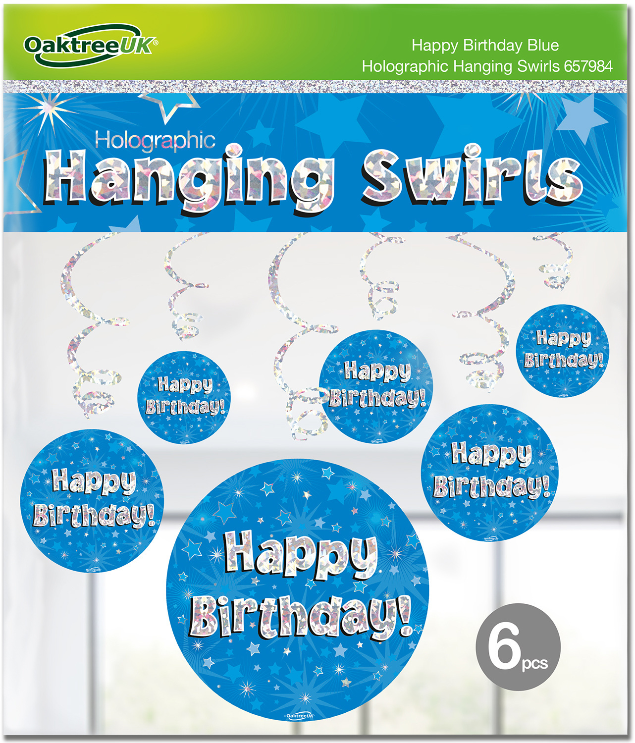Hanging Swirls - Happy Birthday Holographic Blue - 6 stuks