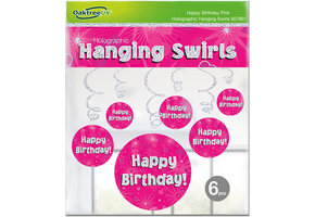 Hanging Swirls - Happy Birthday Holographic Pink - 6 stuks