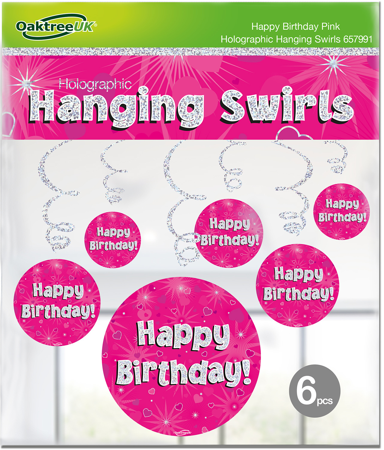 Hanging Swirls - Happy Birthday Holographic Blue - 6 stuks