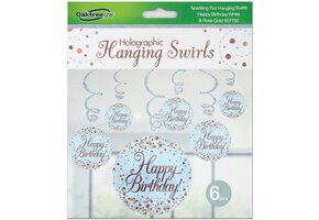 Hanging Swirls - White & Rose Gold - Happy Birthday - 6stks