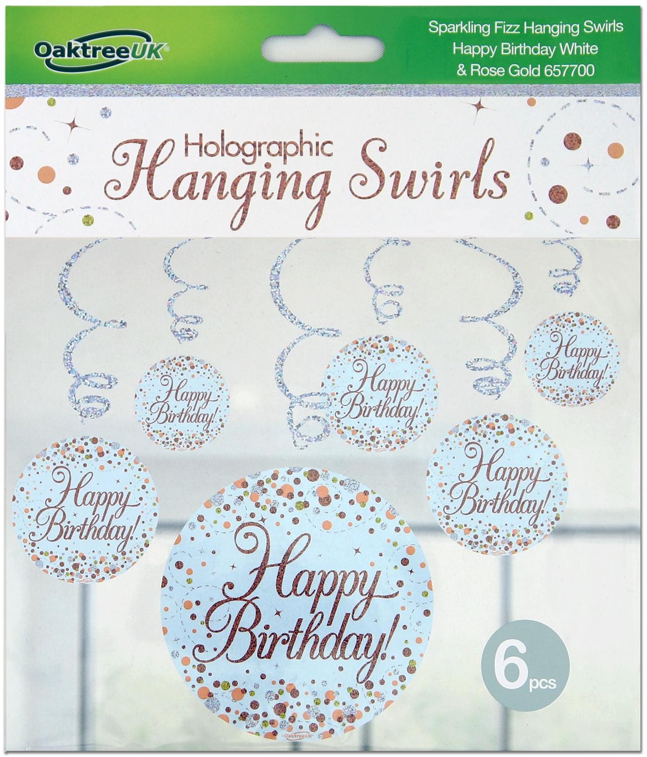 Hanging Swirls - White & Rose Gold - Happy Birthday - 6stks