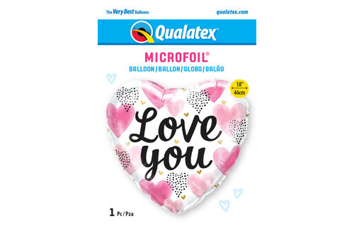 Heart - Pink Watercolour Hearts Love You - 18inch - Qualatex