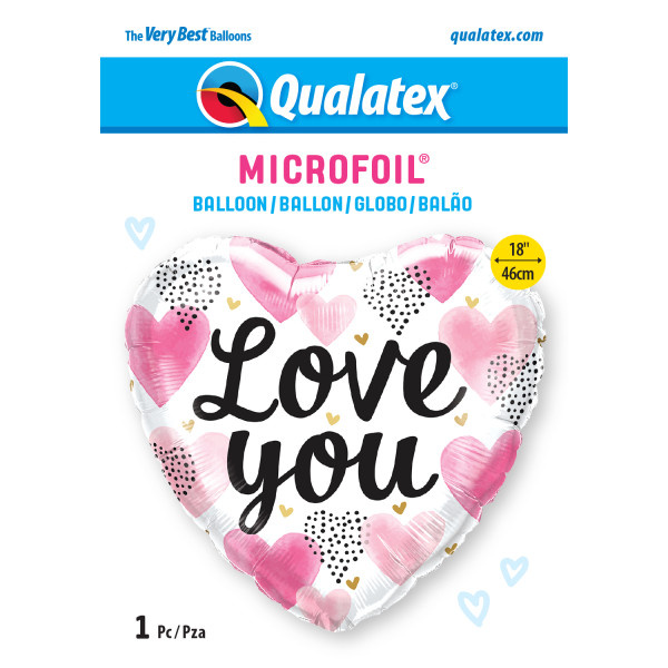 Heart - Pink Watercolour Hearts Love You - 18inch - Qualatex